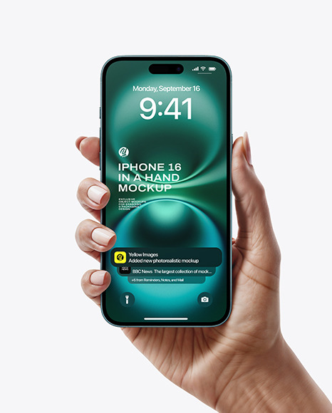 iPhone 16 Teal in a Hand Mockup - Ux+Ui