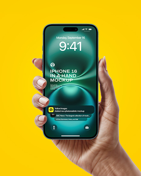 iPhone 16 Teal in a Hand Mockup