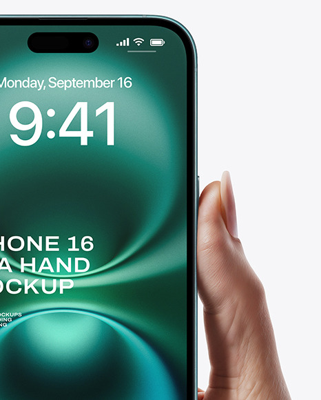 iPhone 16 Teal in a Hand Mockup
