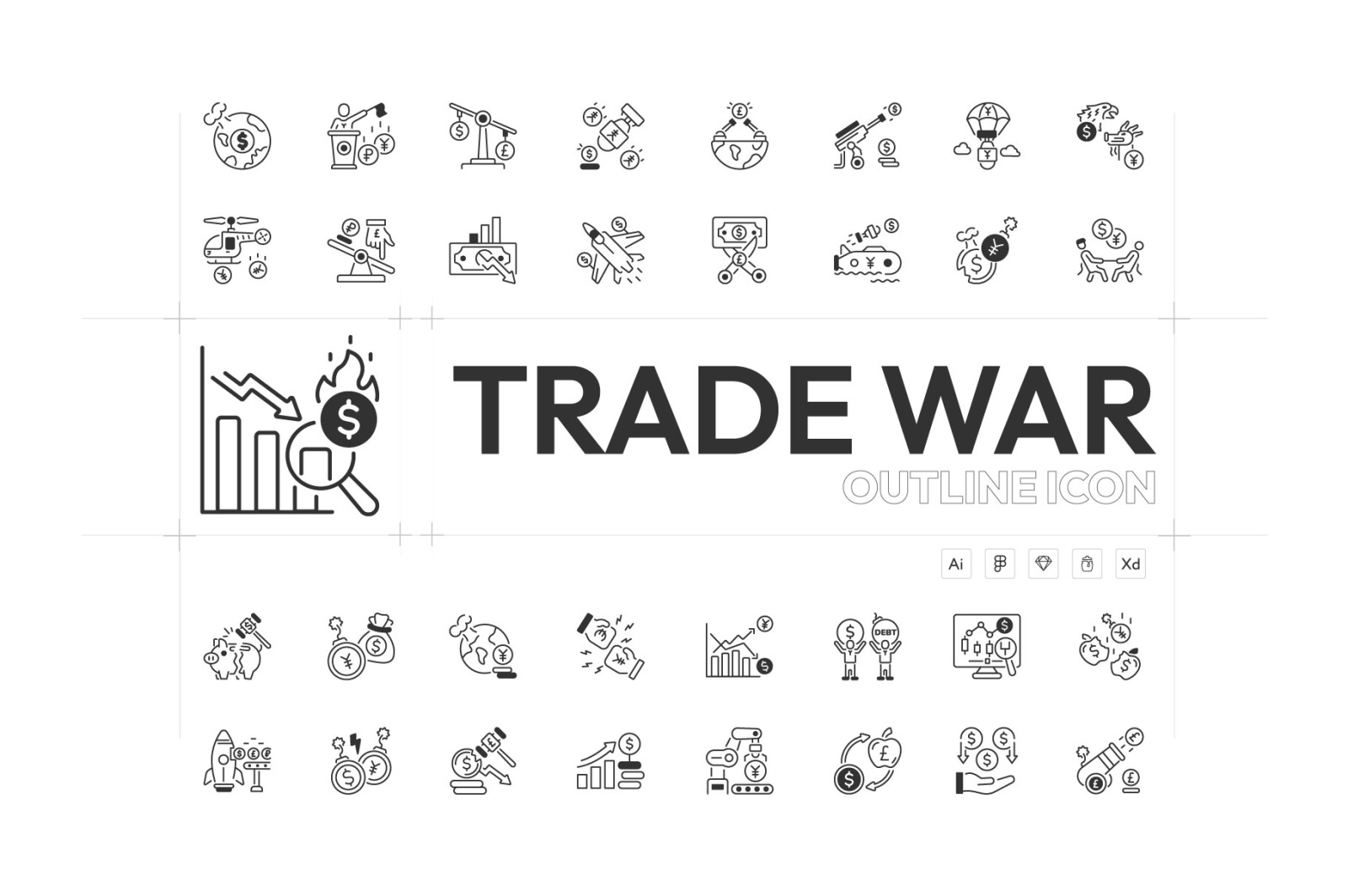Linear Trade War Icon Set Linear Trade War Icon Set
