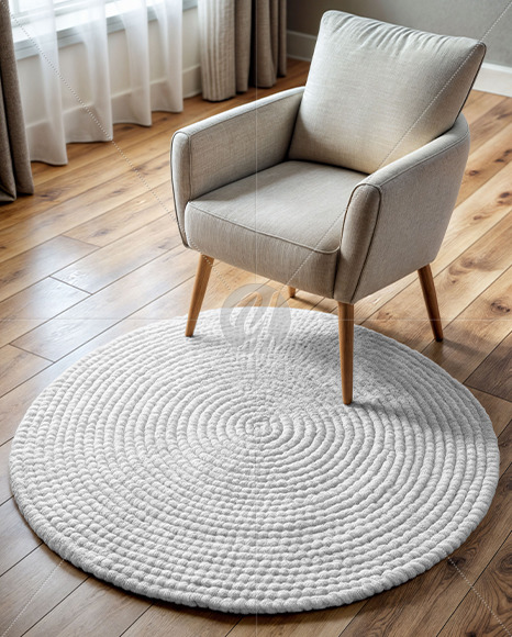 Round Braided Rug with Armchair Mockup