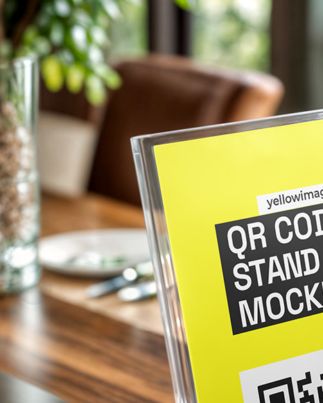 Acrylic QR Code Scan Stand at the Restaurant Mockup