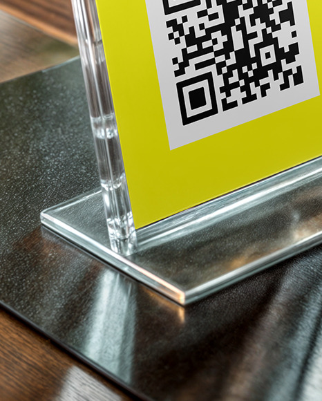 Acrylic QR Code Scan Stand at the Restaurant Mockup