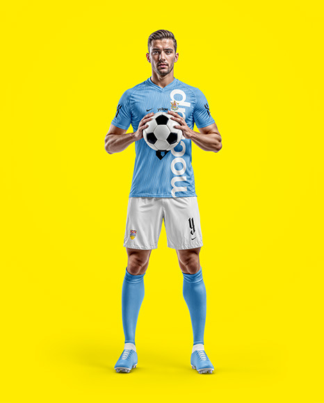 Soccer Player with Ball Wearing a Full Kit Mockup