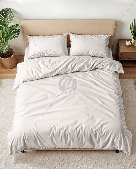 Double Bed with Bedding Set and Carpet Mockup
