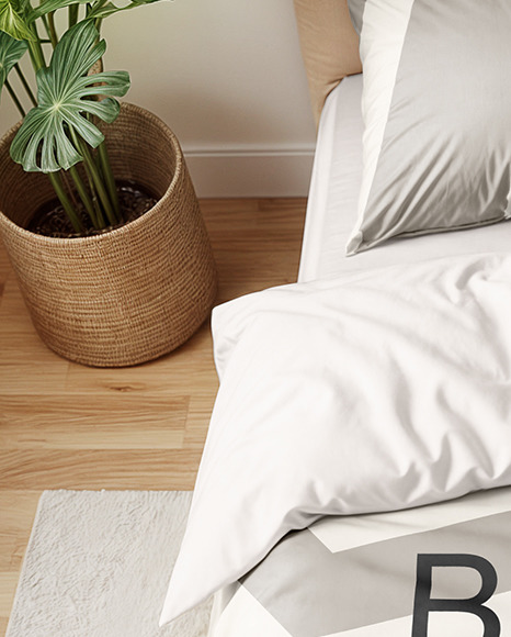 Double Bed with Bedding Set and Carpet Mockup