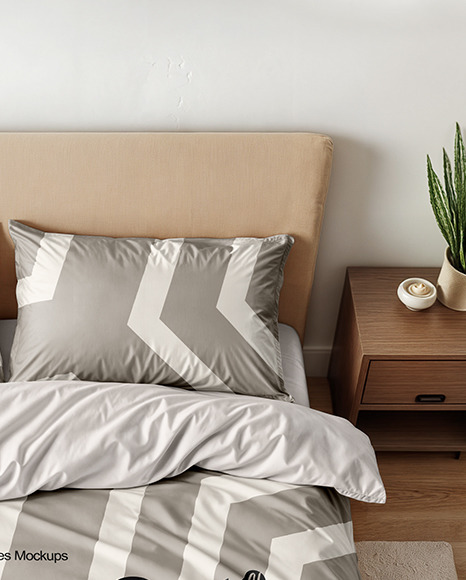 Double Bed with Bedding Set and Carpet Mockup