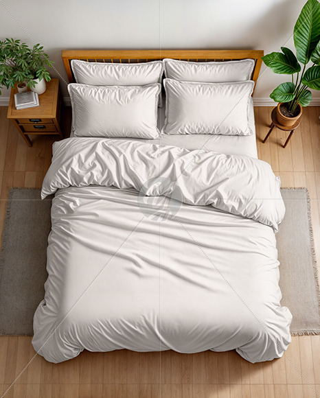 Wooden Double Bed with Bedding Set Mockup