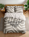 Wooden Double Bed with Bedding Set Mockup