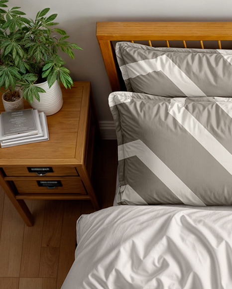 Wooden Double Bed with Bedding Set Mockup
