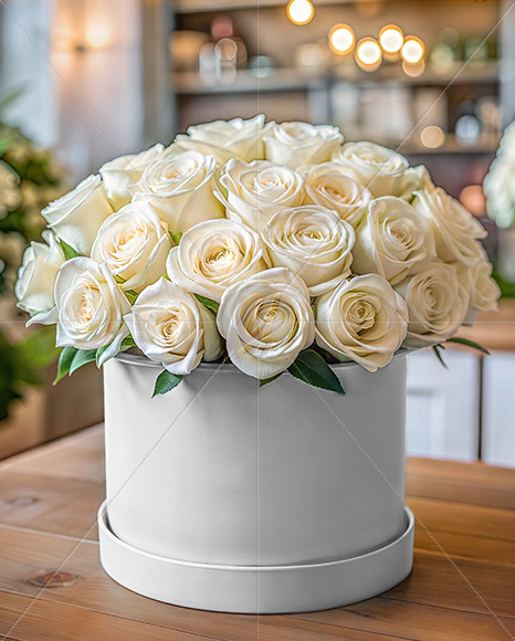 Round Flower Box with White Roses Mockup