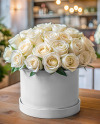 Round Flower Box with White Roses Mockup