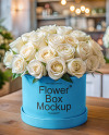 Round Flower Box with White Roses Mockup