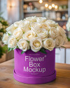 Round Flower Box with White Roses Mockup
