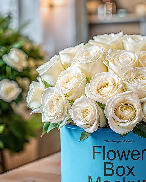 Round Flower Box with White Roses Mockup
