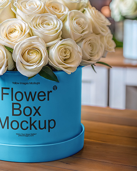 Round Flower Box with White Roses Mockup