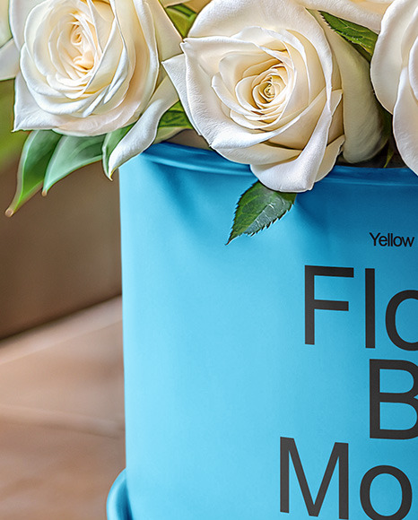 Round Flower Box with White Roses Mockup