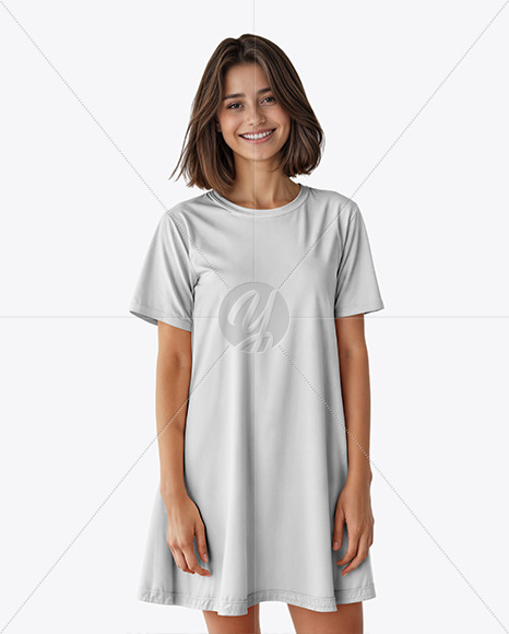 Smiling Young Woman Wearing a T-Shirt Dress Mockup