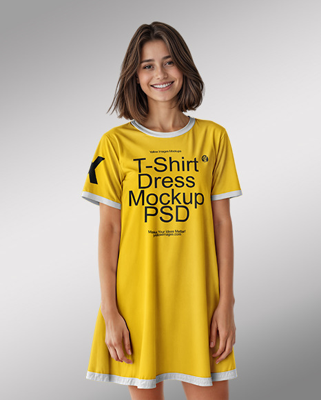 Smiling Young Woman Wearing a T-Shirt Dress Mockup