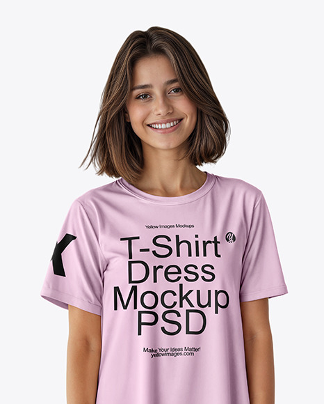 Smiling Young Woman Wearing a T-Shirt Dress Mockup
