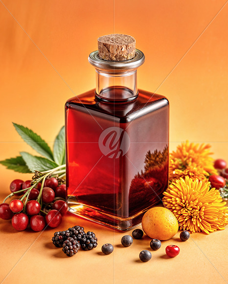 Ruby Oil Tincture Square Bottle with Berries and Flowers Mockup