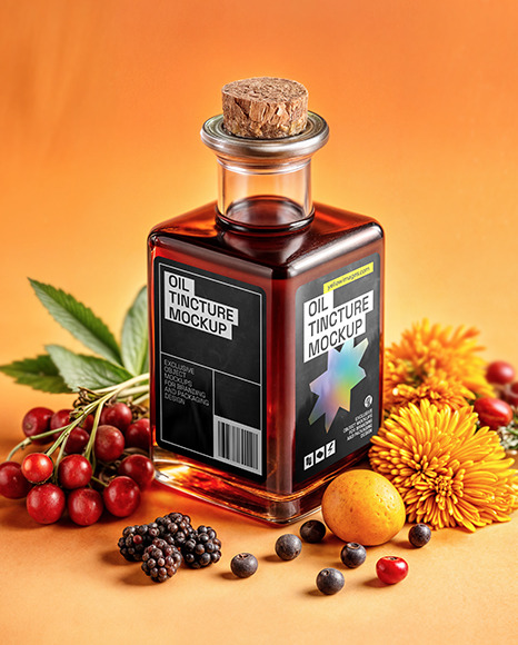 Ruby Oil Tincture Square Bottle with Berries and Flowers Mockup