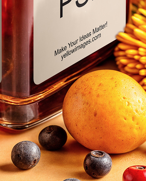 Ruby Oil Tincture Square Bottle with Berries and Flowers Mockup