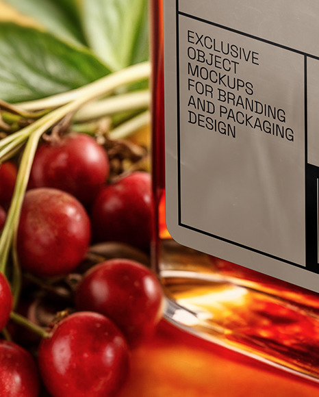 Ruby Oil Tincture Square Bottle with Berries and Flowers Mockup