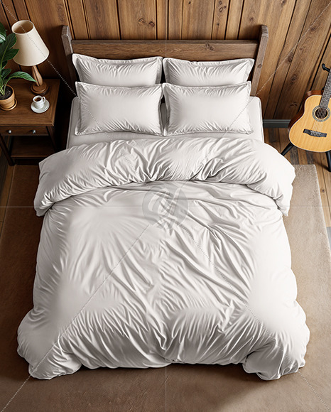 Wooden Double Bed with Bedding Set and Nightstand Mockup