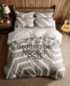 Wooden Double Bed with Bedding Set and Nightstand Mockup