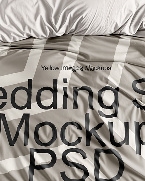 Wooden Double Bed with Bedding Set and Nightstand Mockup