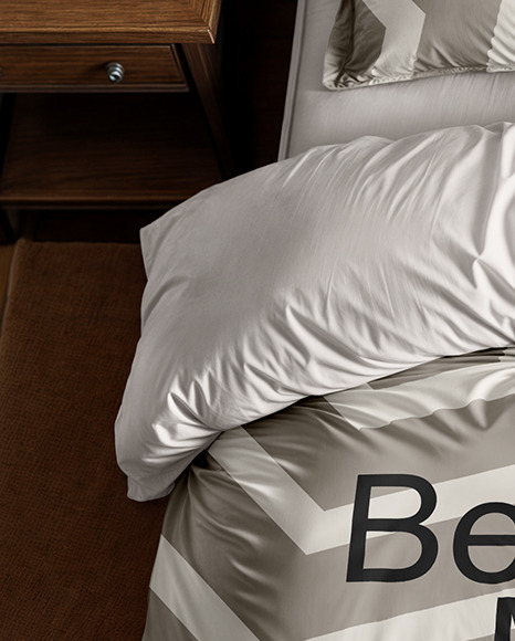 Wooden Double Bed with Bedding Set and Nightstand Mockup
