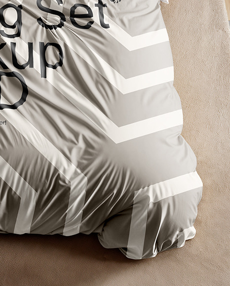 Wooden Double Bed with Bedding Set and Nightstand Mockup