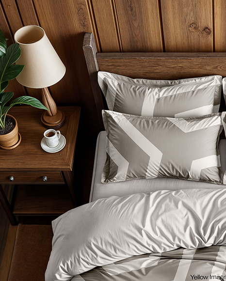 Wooden Double Bed with Bedding Set and Nightstand Mockup