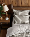Wooden Double Bed with Bedding Set and Nightstand Mockup