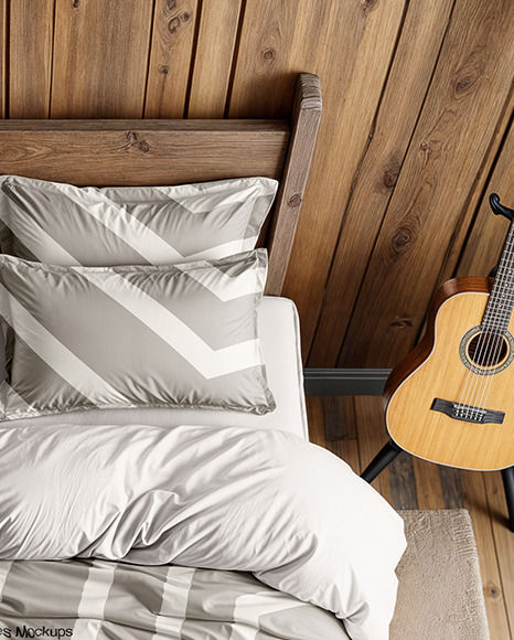 Wooden Double Bed with Bedding Set and Nightstand Mockup