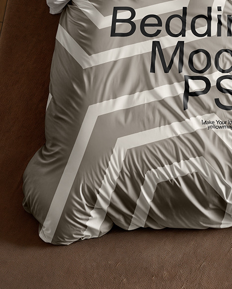 Wooden Double Bed with Bedding Set and Nightstand Mockup