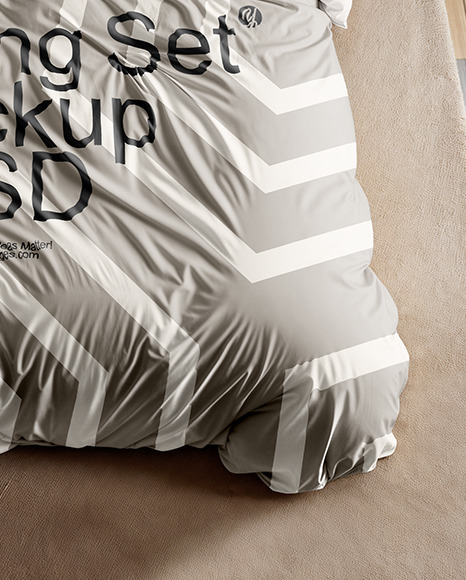 Wooden Double Bed with Bedding Set and Nightstand Mockup