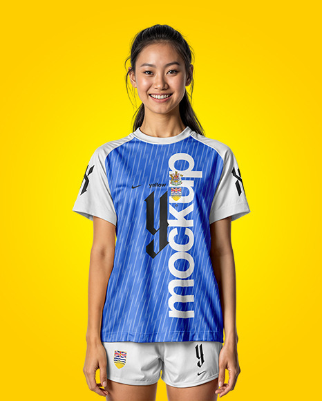 Young Woman Wearing Raglan Soccer Jersey and Shorts Mockup