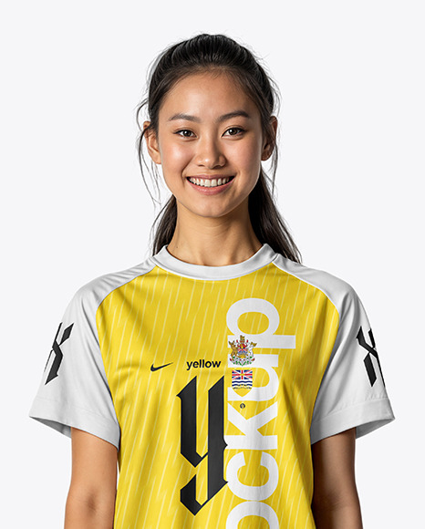 Young Woman Wearing Raglan Soccer Jersey and Shorts Mockup