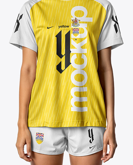 Young Woman Wearing Raglan Soccer Jersey and Shorts Mockup