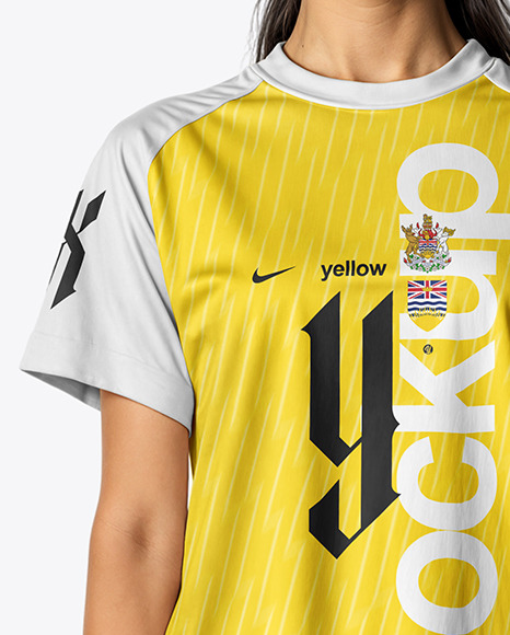Young Woman Wearing Raglan Soccer Jersey and Shorts Mockup