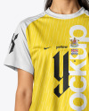 Young Woman Wearing Raglan Soccer Jersey and Shorts Mockup