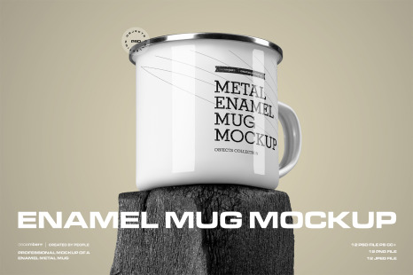 12 Mockups of Enamel Metal Mug on Burnt Wood Bar - Cup mockup