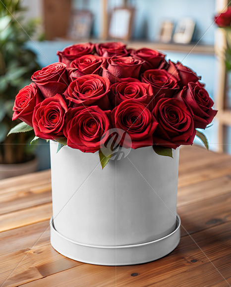 Round Flower Box with Red Roses Mockup