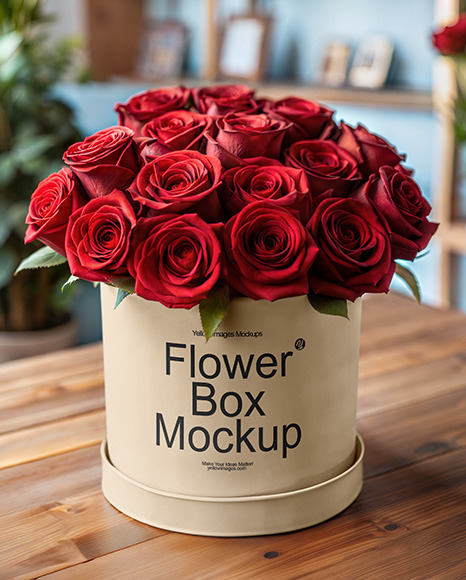 Round Flower Box with Red Roses Mockup