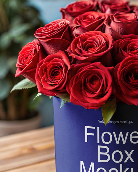 Round Flower Box with Red Roses Mockup