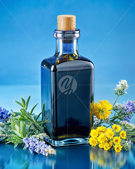 Dark Blue Oil Tincture Square Bottle with Flowers and Blue Backdrop Mockup