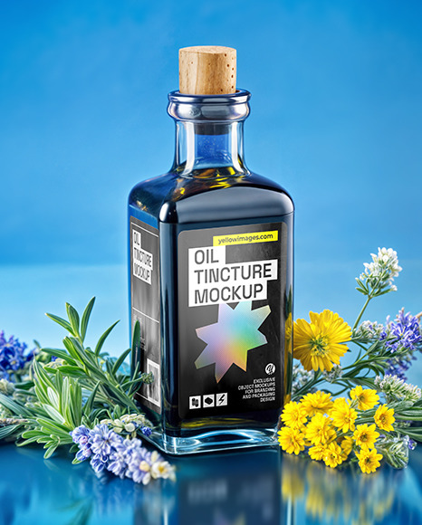 Dark Blue Oil Tincture Square Bottle with Flowers and Blue Backdrop Mockup