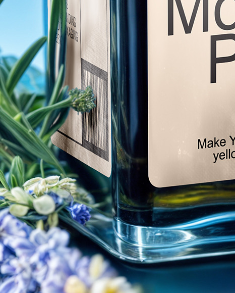 Dark Blue Oil Tincture Square Bottle with Flowers and Blue Backdrop Mockup